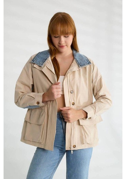 87077 Jean Detaylı Uzun Trench Taş modelleri