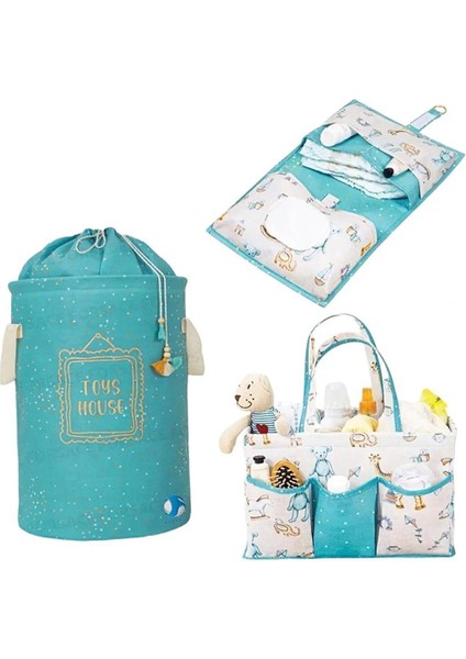 Mavi 3'lü Bebek Bakım Seti: Çanta, Alt Bakım ve Çocuk Oyuncak Sepeti