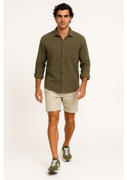 Erkek Uzun Kollu Oversize Cepli Müslin Keten Gömlek