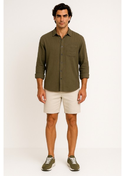 Erkek Uzun Kollu Oversize Cepli Müslin Keten Gömlek modelleri