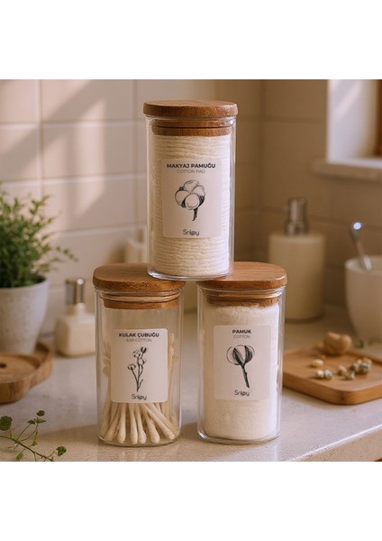 Luvo - 3'lü Kare Ahşap Vakum Kapaklı Banyo Düzenleyici Plastik Banyo Seti Etiketli Banyo Organizeri