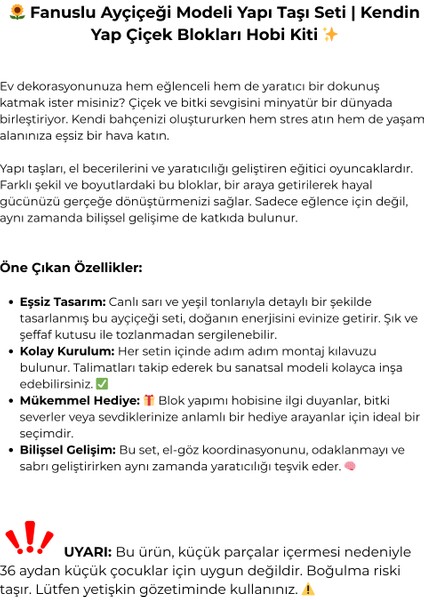 Fanuslu Ayçiçeği Modeli Yapı Oyuncakları ve Yapı Taşı Setleri | Kendin Yap Blok Oyuncak & Çiçek Hobi Kitleri modelleri