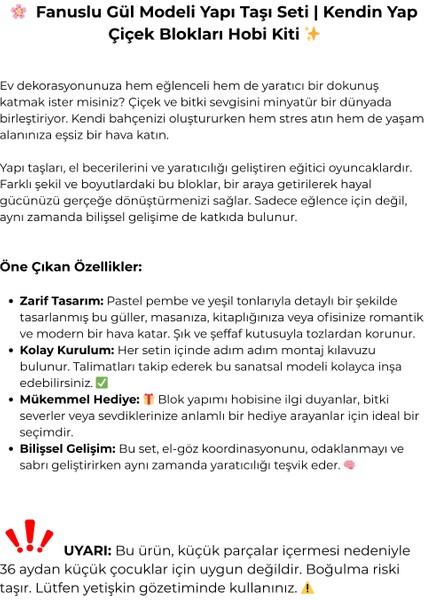 Fanuslu Gül Modeli Yapı Oyuncakları ve Yapı Taşı Setleri | Kendin Yap Blok Oyuncak & Çiçek Hobi Kitleri modelleri