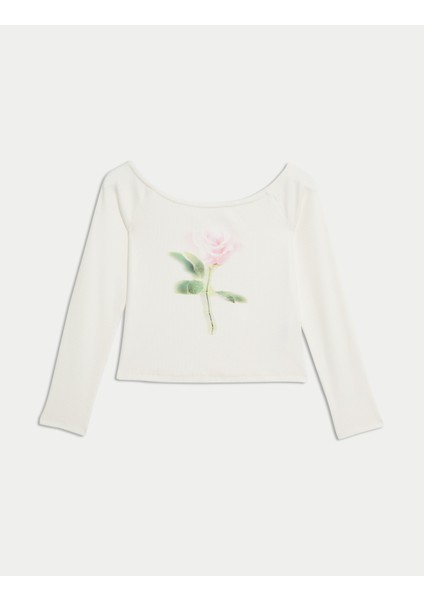 Gül Desenli Bardot Yakalı Üst (6-16 Yaş)