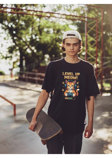 Gamer Kedi Baskılı Oyuncu Temalı Unisex Bisiklet Yaka Pamuk Oversize T-Shirt