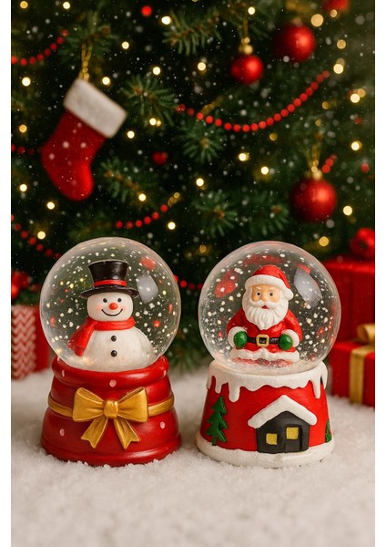 2 Adet LED Işıklı Mini Kar Küresi 6,5 cm – Noel Baba & Kardan Adam Dekoratif Işıklı Biblo