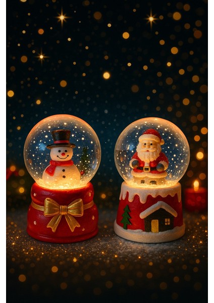 2 Adet LED Işıklı Mini Kar Küresi 6,5 cm – Noel Baba & Kardan Adam Dekoratif Işıklı Biblo modelleri