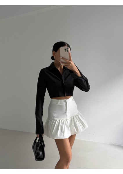 Büzgü Detay Mini Beyaz Etek