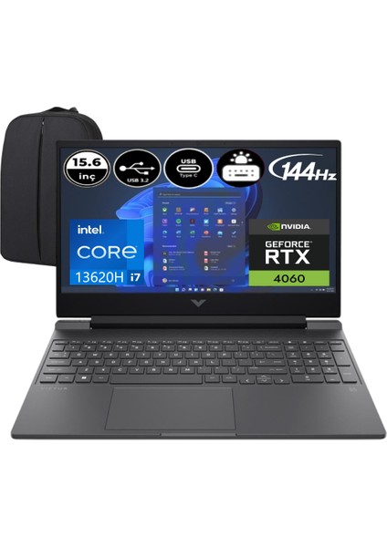 Victus 15-FA2000NT-EP7 13. Nesil Intel Core I7 13620H 64 GB Ram 512 GB SSD RTX4060 144Hz 15.6" Windows 11 Home + Elektropasaj Çanta