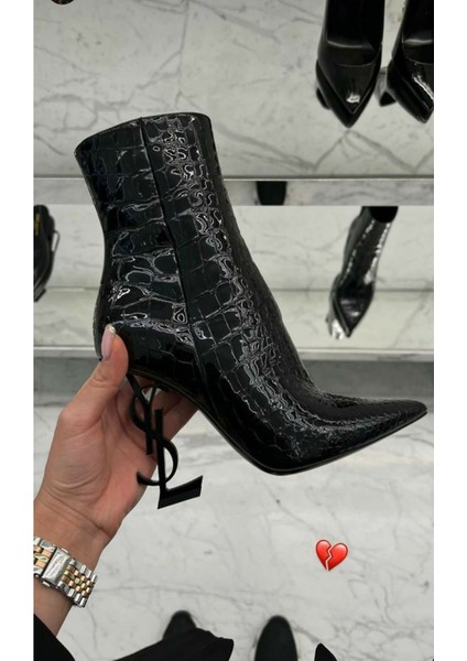 Ikon's Topuklu, Siyah Timsah Derisi Görünümlü Bot