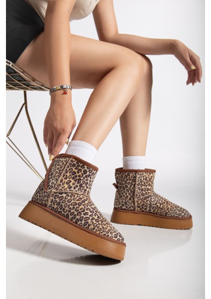 Mini Cırtcırtlı Leopar Süet Yarım Bot Içi Tüylü Düz Taban Kadın Ayakkabı