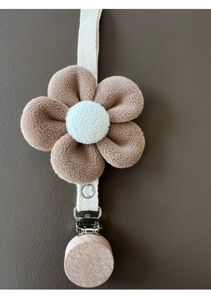 Bebek Emzik Askısı / Emzik Askılığı - Papatya Desenli, Kahve Renk, Ahşap Klipsli fiyatları