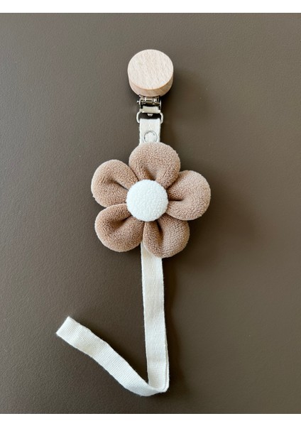 Bebek Emzik Askısı / Emzik Askılığı - Papatya Desenli, Kahve Renk, Ahşap Klipsli fırsatları