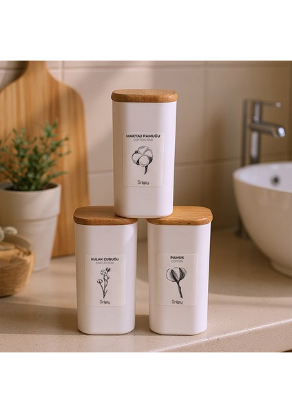 Luvo Beyaz - 3'lü Kare Ahşap Vakum Kapaklı Banyo Düzenleyici Plastik Banyo Seti Etiketli Organizer