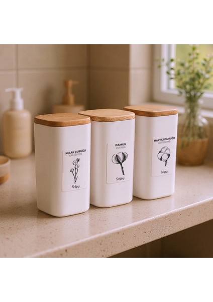 Luvo Beyaz - 3'lü Kare Ahşap Vakum Kapaklı Banyo Düzenleyici Plastik Banyo Seti Etiketli Organizer fiyatları