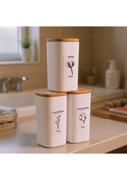 Luvo Beyaz - 3'lü Kare Ahşap Vakum Kapaklı Banyo Düzenleyici Plastik Banyo Seti Etiketli Organizer modelleri