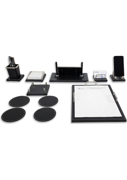 Truva Krom Detaylı Lüks Ofis Masaüstü Isimlik Seti Masa Isimliği Yeni Iş Ofis Hediyesi 7 Parça Siyah