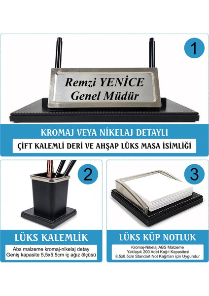 Truva Krom Detaylı Lüks Ofis Masaüstü Isimlik Seti Masa Isimliği Yeni Iş Ofis Hediyesi 7 Parça Siyah modelleri