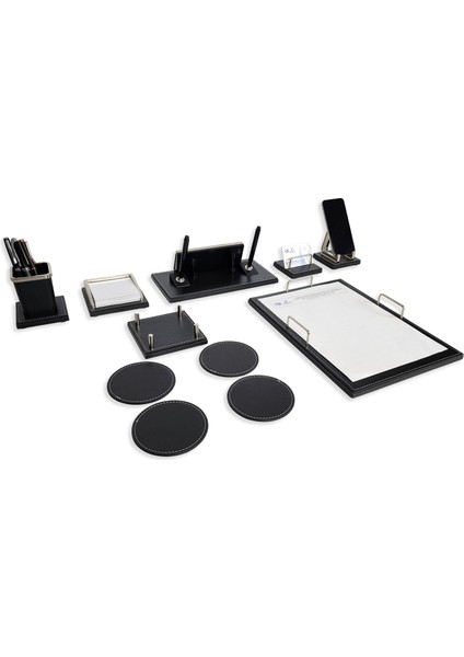 Truva Krom Detaylı Lüks Ofis Masaüstü Isimlik Seti Masa Isimliği Yeni Iş Ofis Hediyesi 7 Parça Siyah