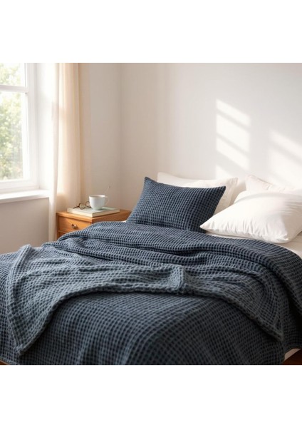 Waffle %100 Pamuk Premium Yatak Örtüsü Lacivert Renk Tek Kişilik 160X240 cm modelleri