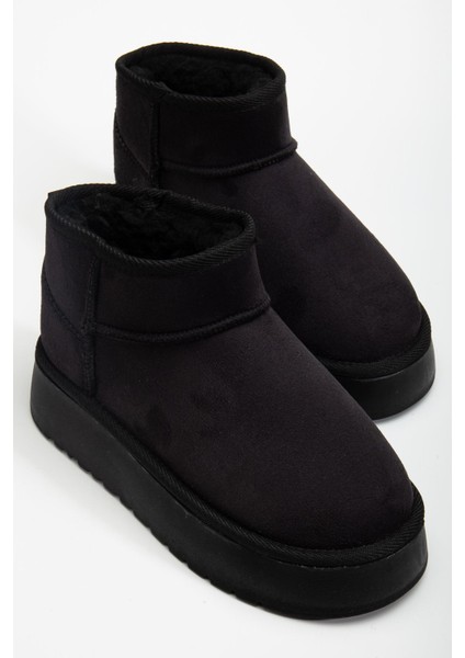 Mini Siyah Süet Yarım Bot Içi Tüylü Düz Taban Kadın Ayakkabı