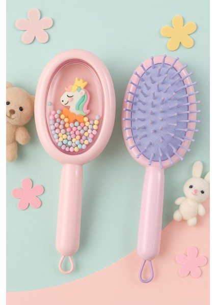 1 Adet Unicorn Desenli Çocuk Saç Tarağı – Renkli Boncuklu, Masaj Etkili Pastel Tarak