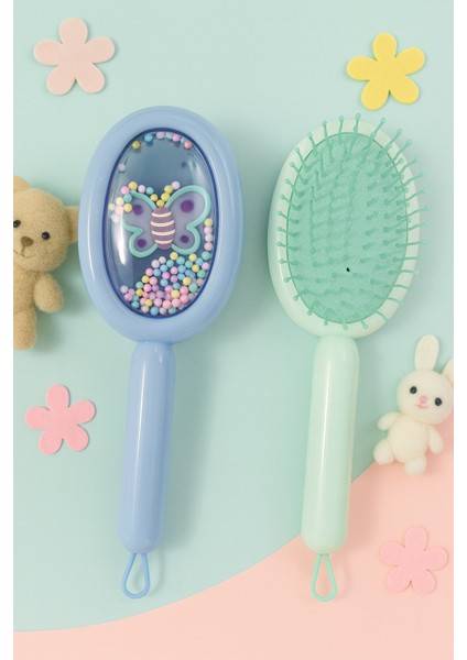 1 Adet Kelebek Desenli Çocuk Saç Tarağı – Pastel Renkli Boncuklu, Masaj Etkili Tarak Mavi - Yeşil