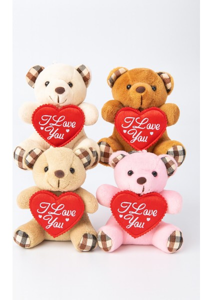4 Adet Sevimli Mini Peluş Ayıcık - Kalpli 'ı Love You' Mesajlı 11X9 cm modelleri