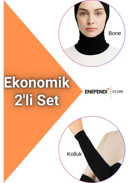 Boyunluklu Bone ve Kolluk | Tesettür Siyah Ikili Set • Hijab Pratik Bone • Günlük Rahat Kullanım