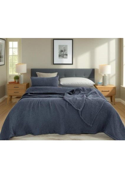 Waffle %100 Pamuk Premium Yatak Örtüsü Lacivert Renk Çift Kişilik 230X250 cm