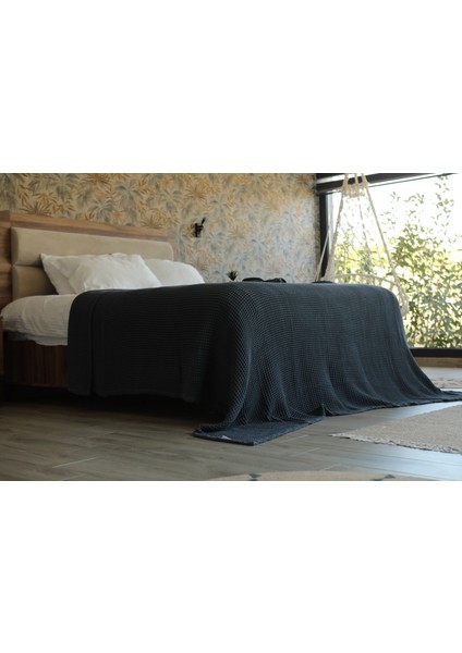 Waffle %100 Pamuk Premium Yatak Örtüsü Lacivert Renk Çift Kişilik 230X250 cm