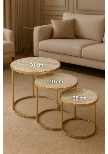 3’lü Zigon Sehpa Örtüsü | Bal Peteği Desenli Pvc Krem| Lüks Su Geçirmez Silinebilir Çeyizlik Model