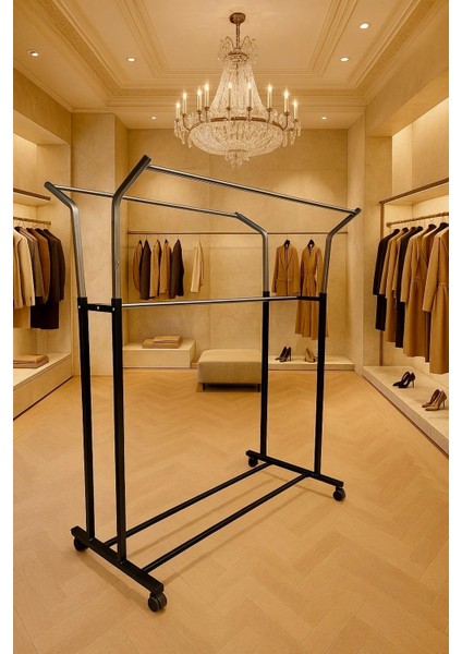 V Ayarlı 105 cm En Paslanmaz Metal Konfeksiyon Elbise A. Askılık Tekerlekli Portatif Eşek Vitrin Raf
