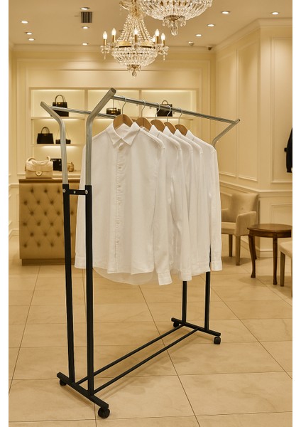 V Ayarlı 105 cm En Paslanmaz Metal Konfeksiyon Elbise A. Askılık Tekerlekli Portatif Eşek Vitrin Raf fırsatları