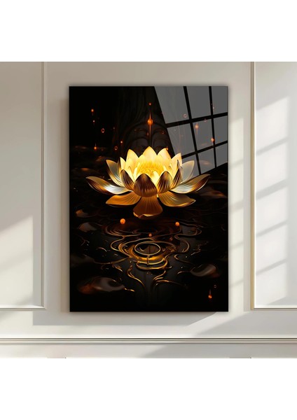 Altın Lotus Çiçeği Cam Tablo – Meditasyon ve Huzur Temalı Modern Dekoratif Duvar Tablosu