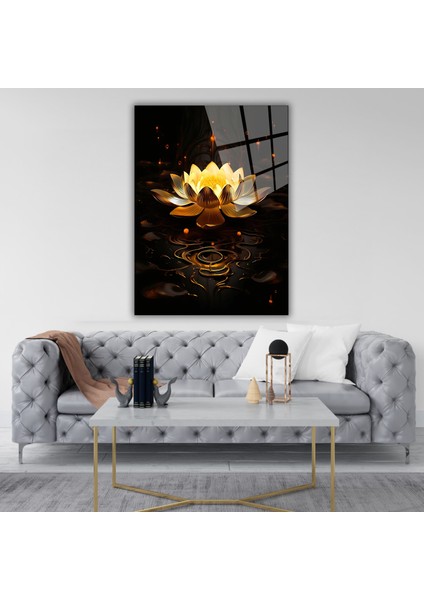Altın Lotus Çiçeği Cam Tablo – Meditasyon ve Huzur Temalı Modern Dekoratif Duvar Tablosu fiyatları