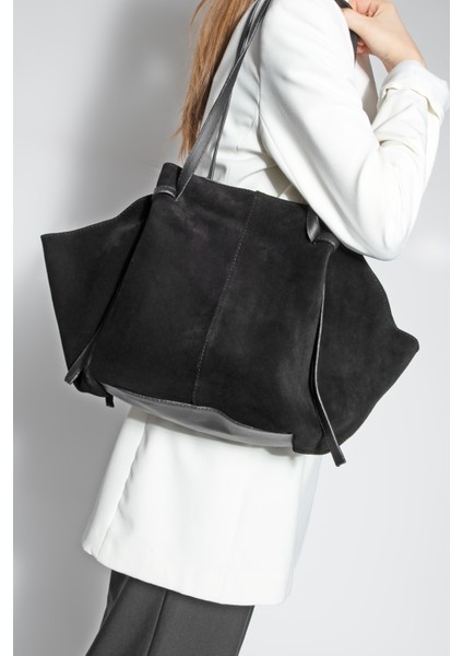 Kadın Hakiki Deri Shopper El ve Omuz Çantası Yorita Siyah Süet fırsatları