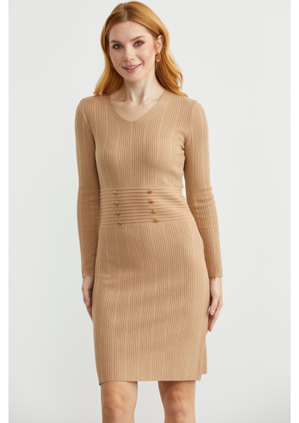 Düğme Detaylı V Yaka Triko Elbise - Kamel fiyatları
