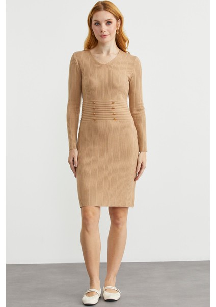 Düğme Detaylı V Yaka Triko Elbise - Kamel modelleri