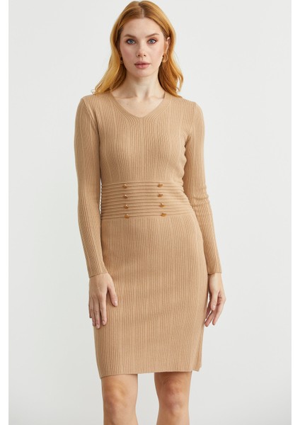 Düğme Detaylı V Yaka Triko Elbise - Kamel fırsatları