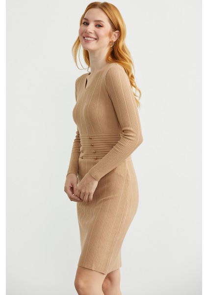 Düğme Detaylı V Yaka Triko Elbise - Kamel indirimleri