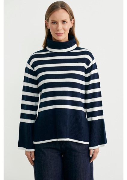 Yünlü Tam Balıkçı Çizgili Triko Kazak - Lacivert