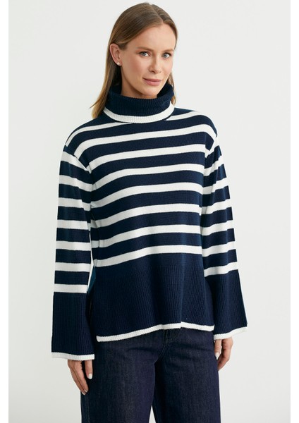 Yünlü Tam Balıkçı Çizgili Triko Kazak - Lacivert fiyatları