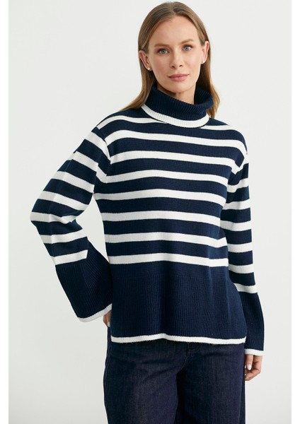 Yünlü Tam Balıkçı Çizgili Triko Kazak - Lacivert modelleri