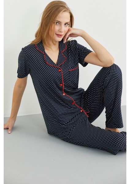 Düğmeli Puantiye Desenli Gömlek Pijama Takım - Lacivert