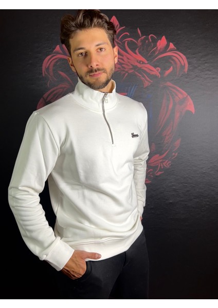 Fermuarlı Dik Yaka %100 Pamuk Sweatshirt