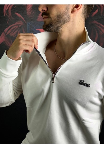 Fermuarlı Dik Yaka %100 Pamuk Sweatshirt