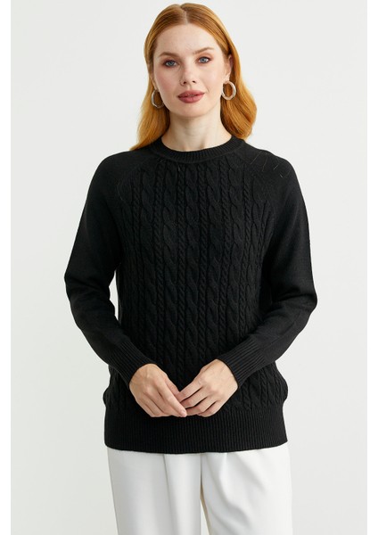 Motifli Daire Yaka Triko Kazak - Siyah