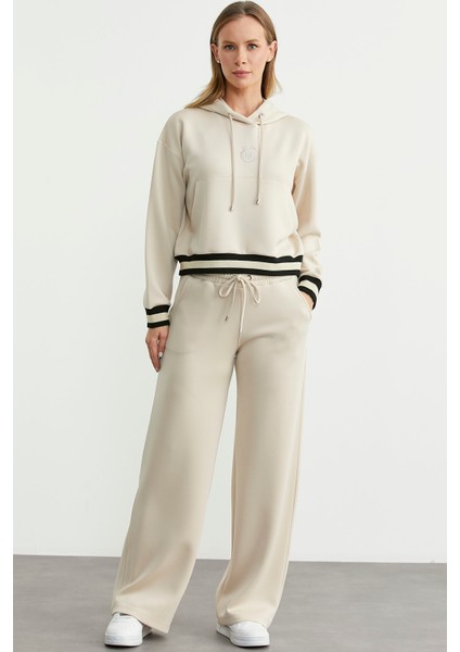 Kapüşonlu Rahat Kalıp Scuba Eşofman Takım - Bej