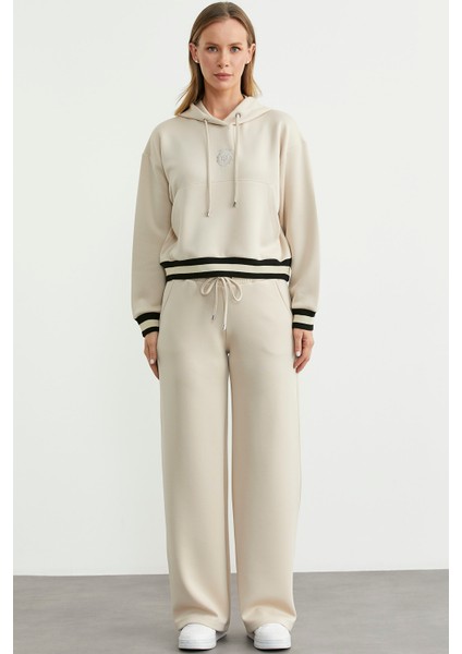 Kapüşonlu Rahat Kalıp Scuba Eşofman Takım - Bej modelleri